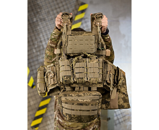 Плитоноска тактична з 4 точками швидкого скидання з рюкзаком піксель LUX 7.62 Tactical